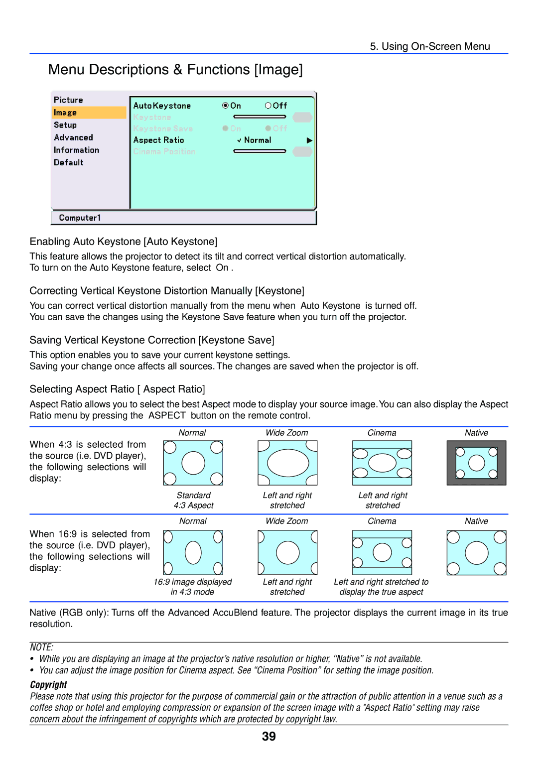 NEC VT676 Menu Descriptions & Functions Image, Enabling Auto Keystone Auto Keystone, Selecting Aspect Ratio Aspect Ratio 