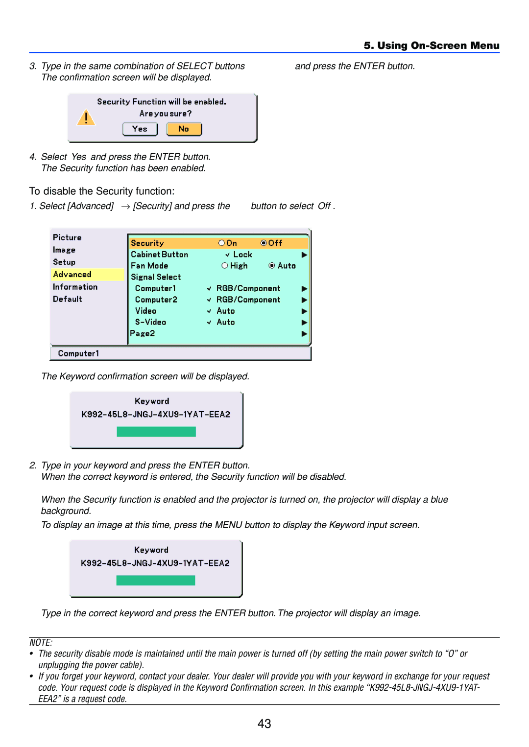 NEC VT676, VT575 manual To disable the Security function 