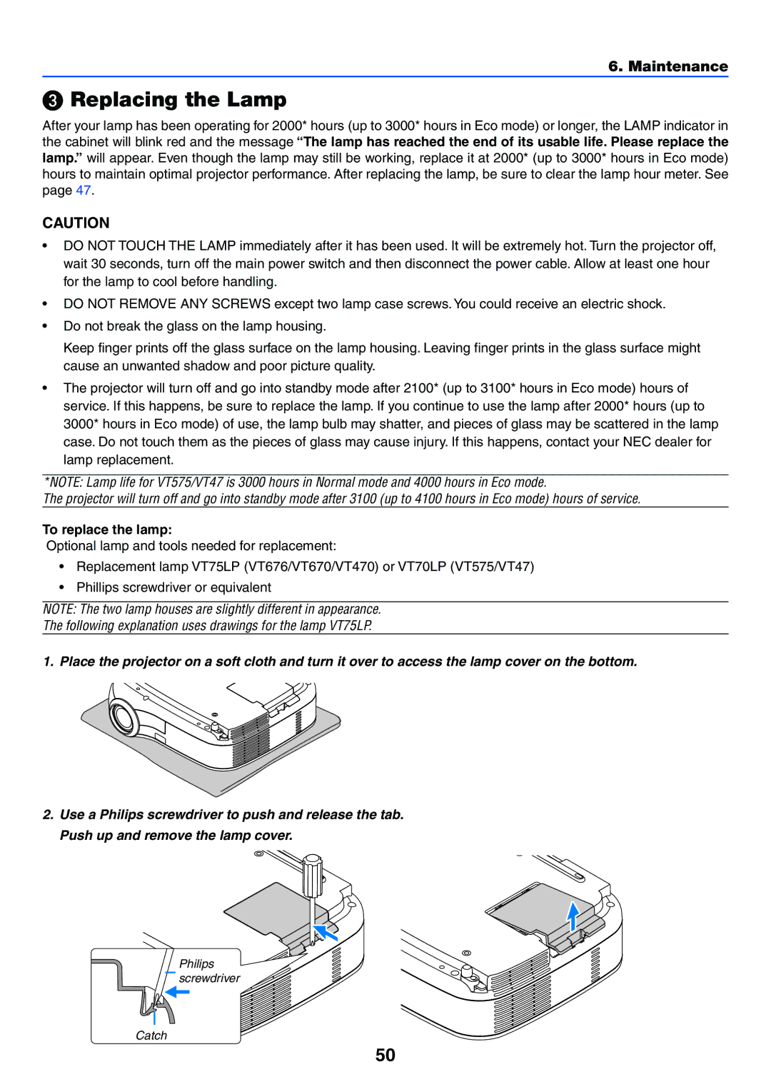 NEC VT575, VT676 manual Replacing the Lamp, To replace the lamp 