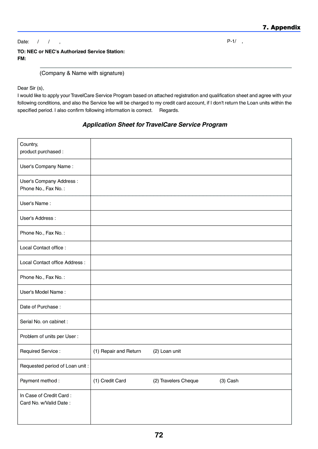 NEC VT575, VT676 manual Application Sheet for TravelCare Service Program 