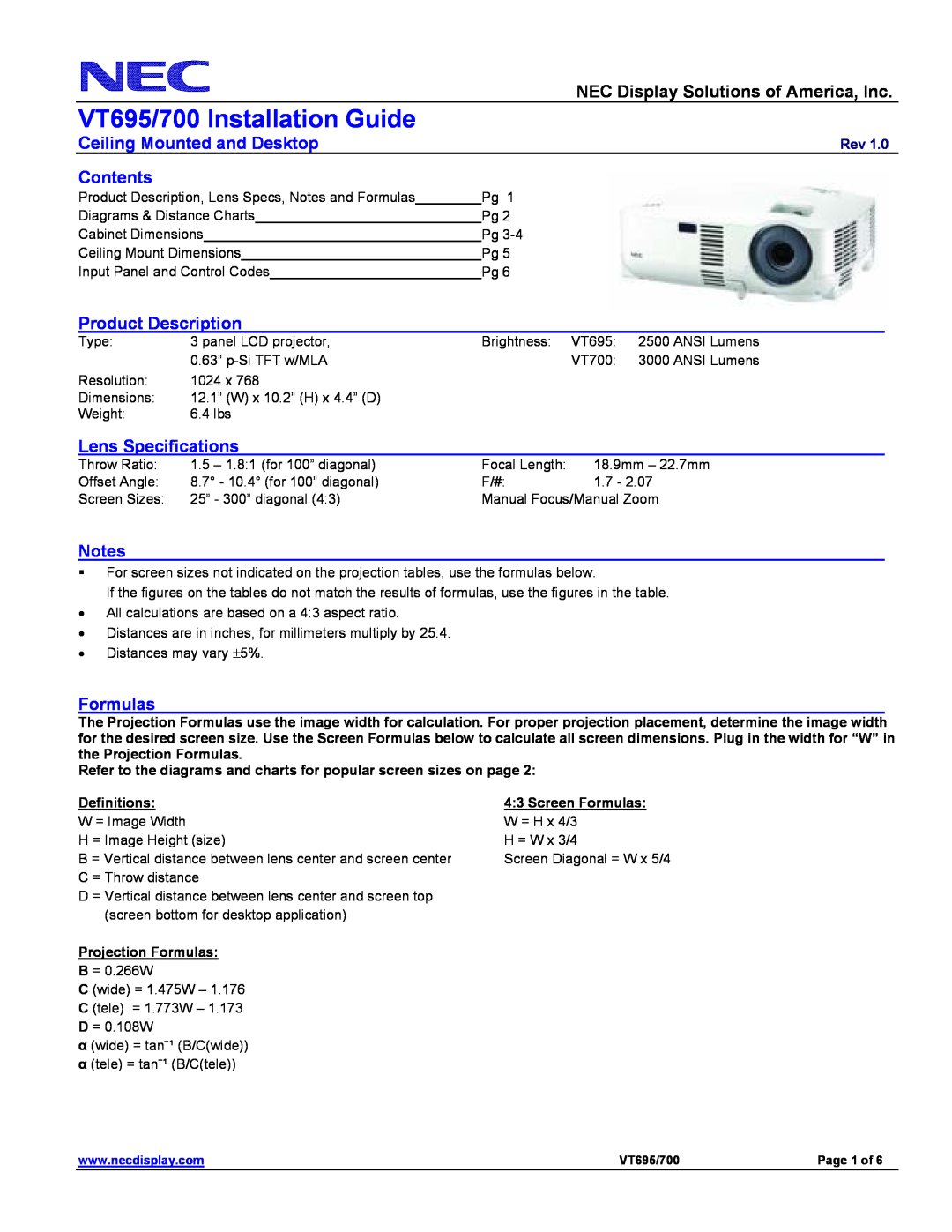 NEC specifications VT695/700 Installation Guide, NEC Display Solutions of America, Inc, Ceiling Mounted and Desktop 