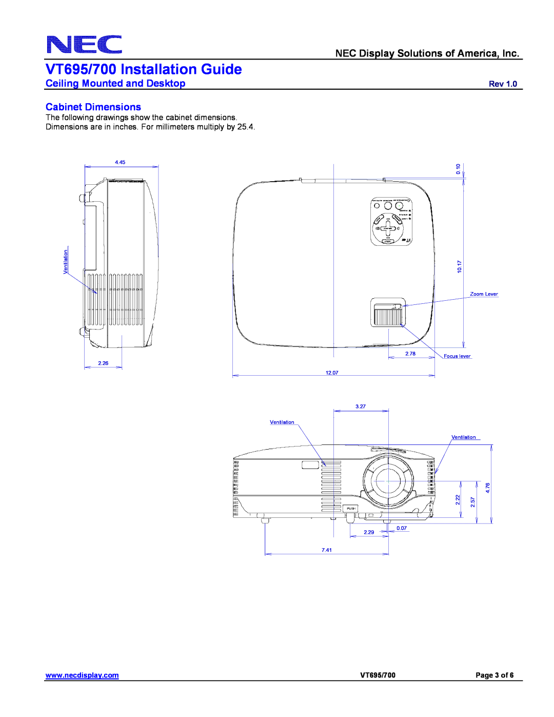 NEC Cabinet Dimensions, VT695/700 Installation Guide, NEC Display Solutions of America, Inc, Page 3 of, Ventilation 