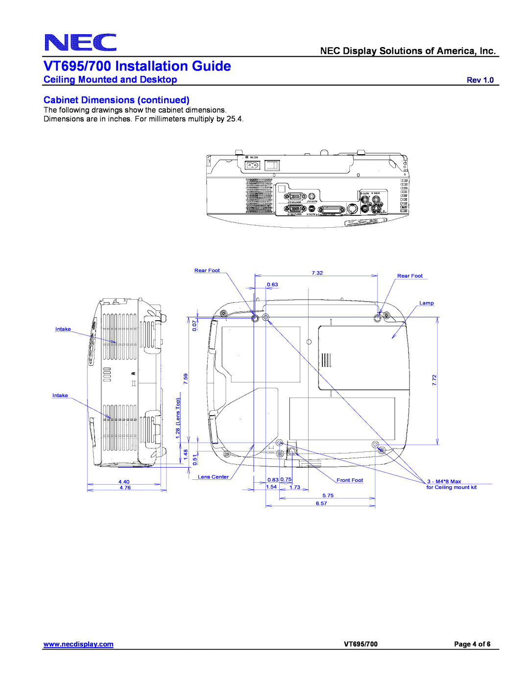 NEC Cabinet Dimensions continued, VT695/700 Installation Guide, NEC Display Solutions of America, Inc, Page 4 of, 0.07 