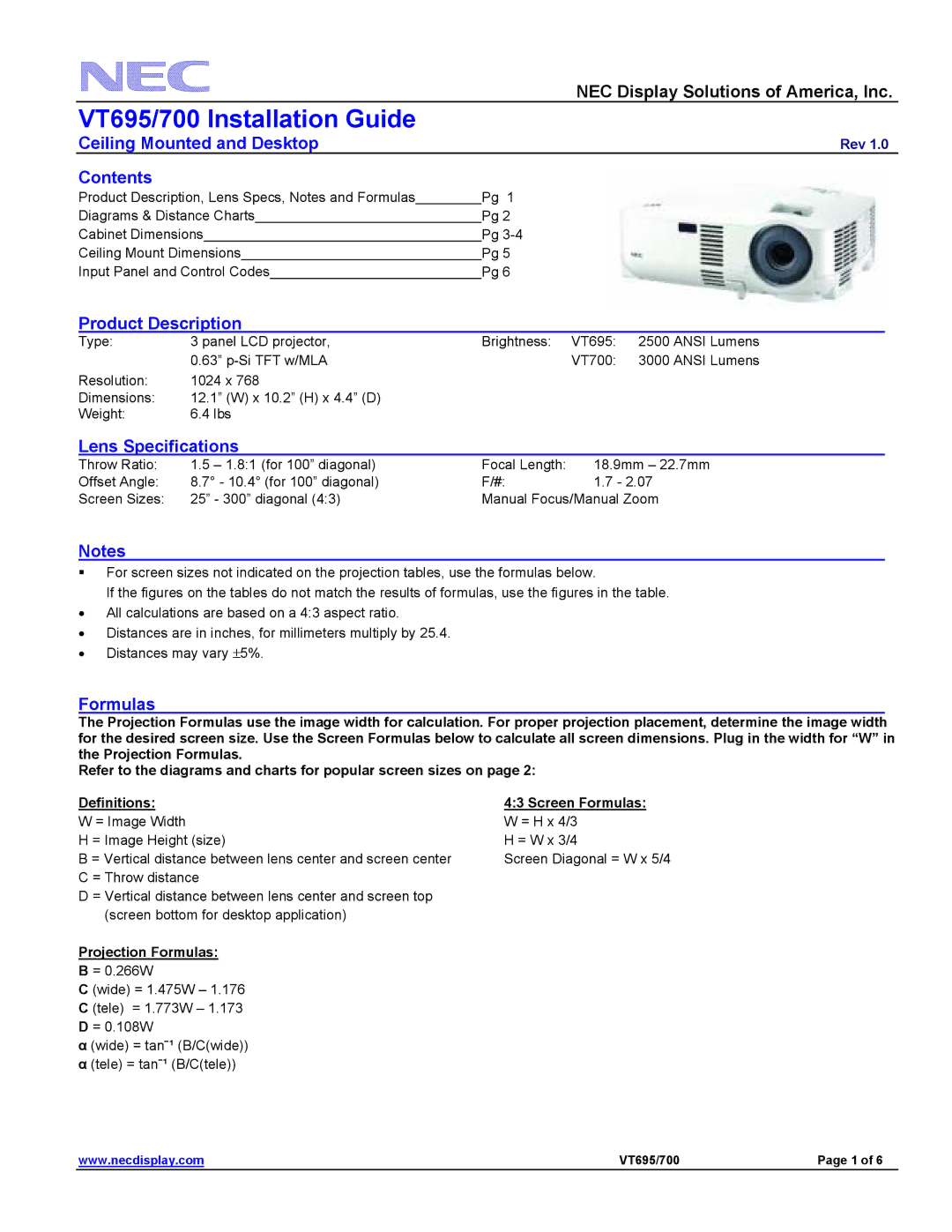 NEC VT695/700 specifications Ceiling Mounted and Desktop, Contents, Product Description, Lens Specifications, Formulas 