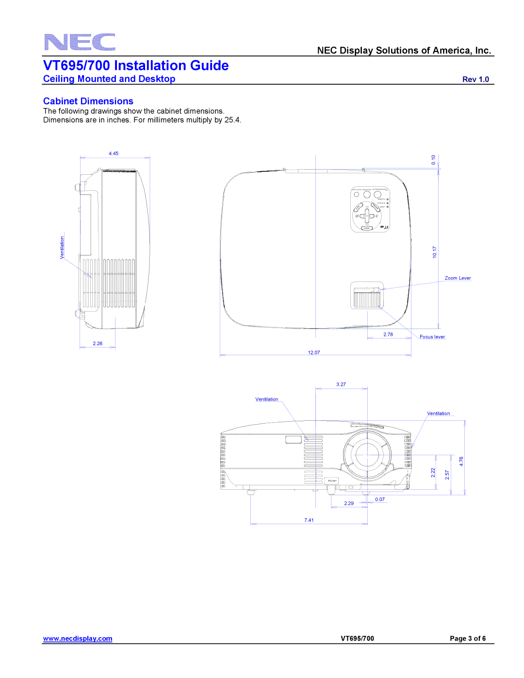 NEC VT695/700 specifications Cabinet Dimensions 