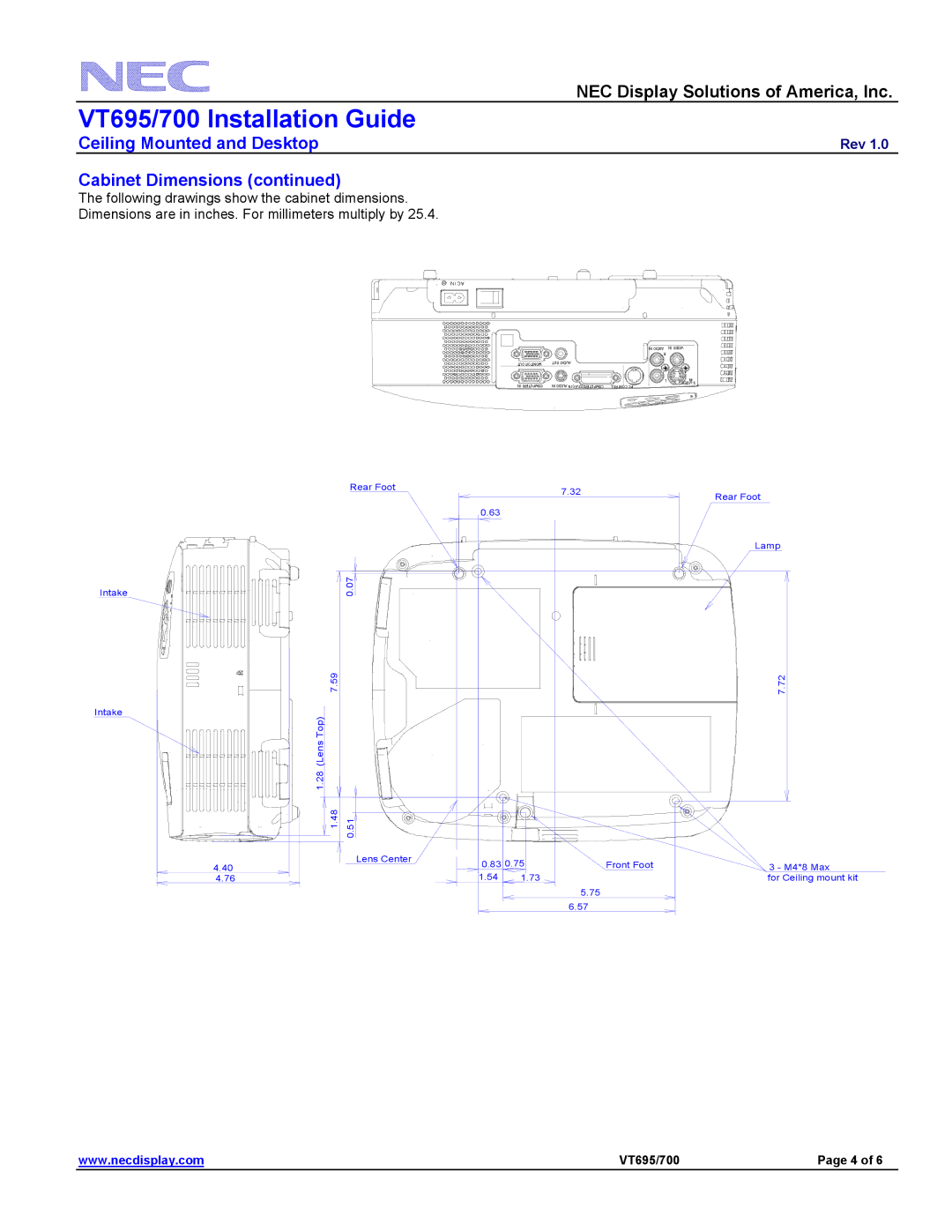 NEC VT695/700 specifications Lens Top 