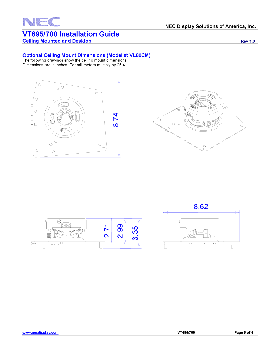 NEC VT695/700 specifications Optional Ceiling Mount Dimensions Model # VL80CM 