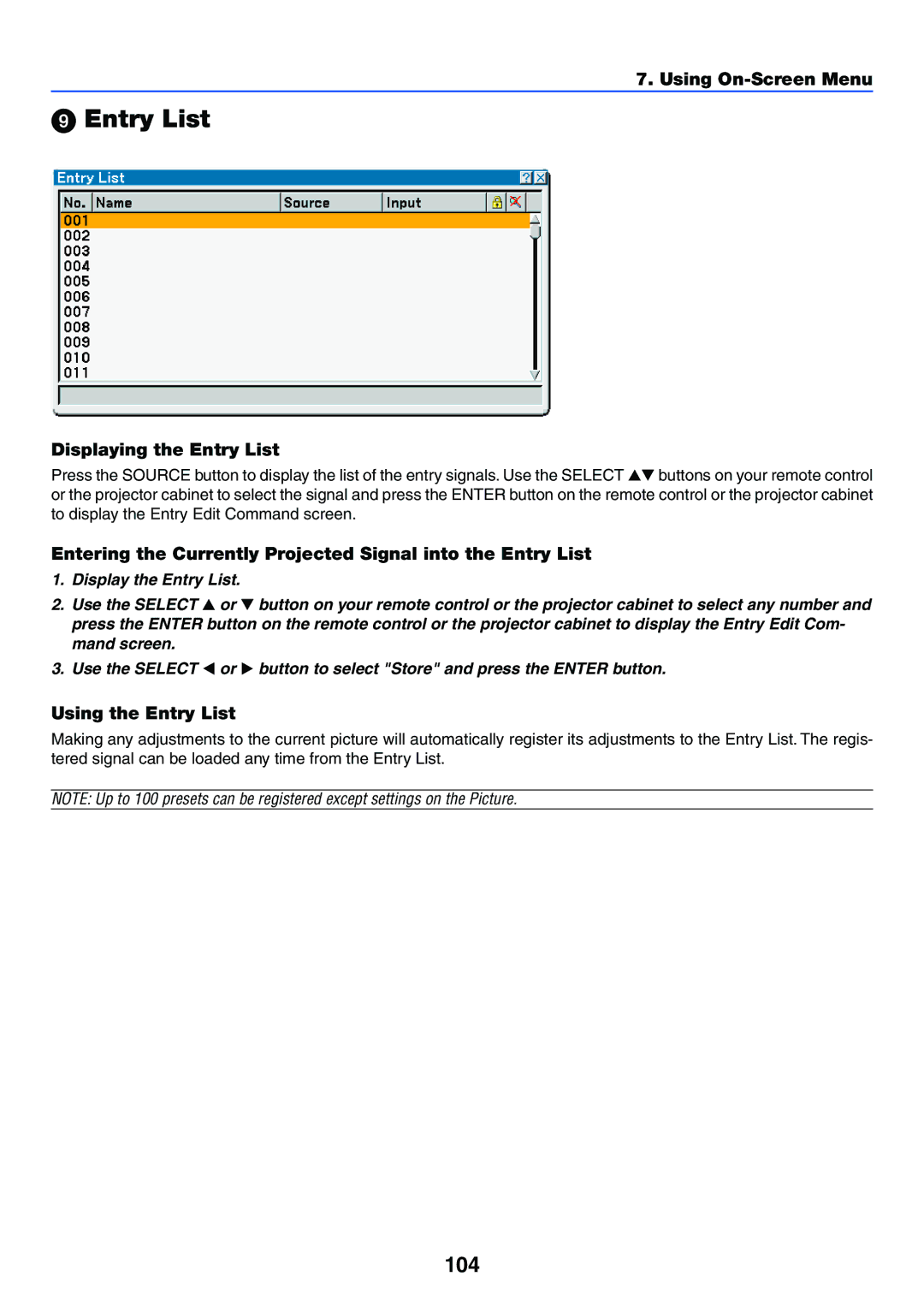 NEC VT770 manual 104, Displaying the Entry List, Entering the Currently Projected Signal into the Entry List 