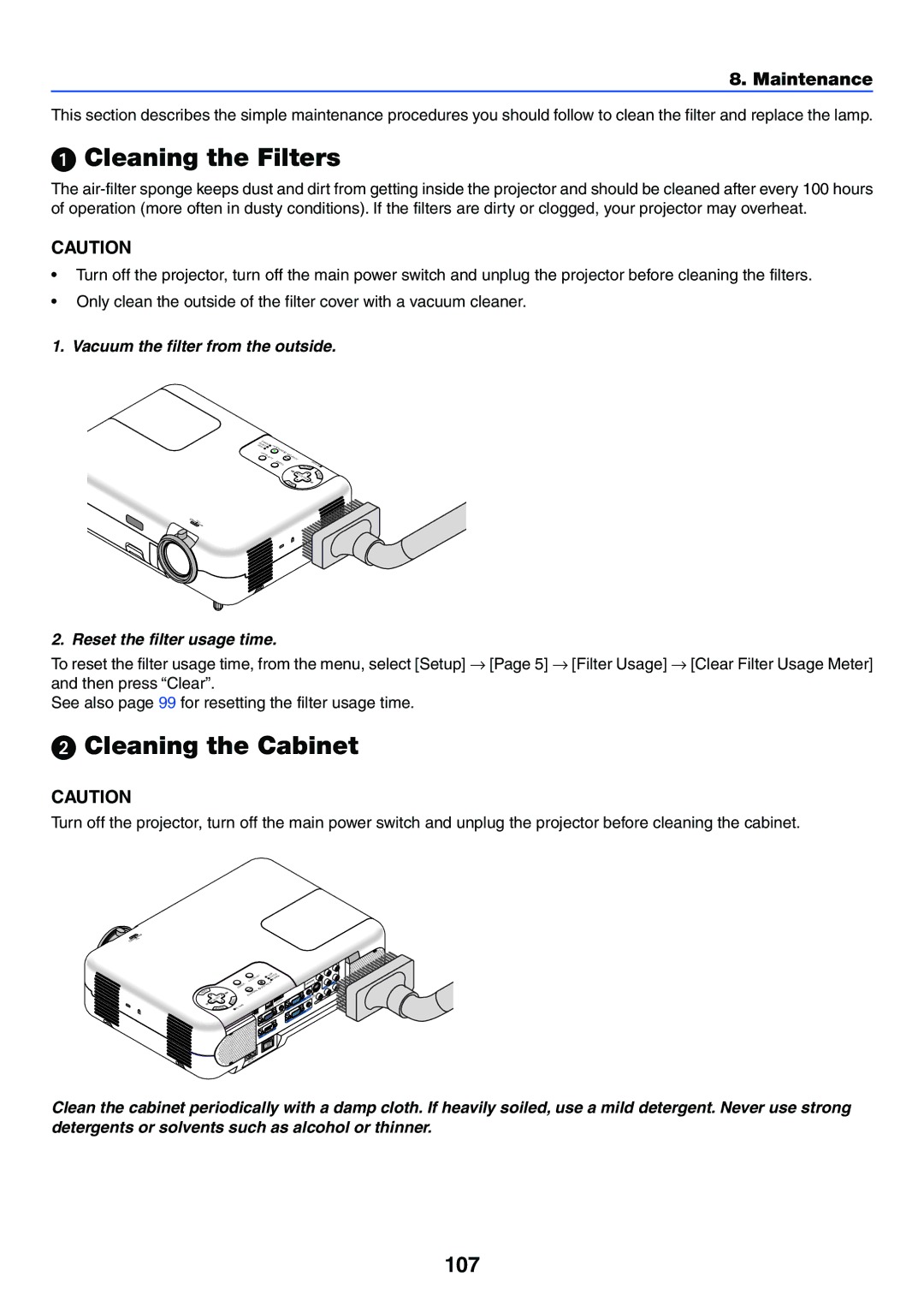 NEC VT770 manual Cleaning the Filters, 107, Maintenance 