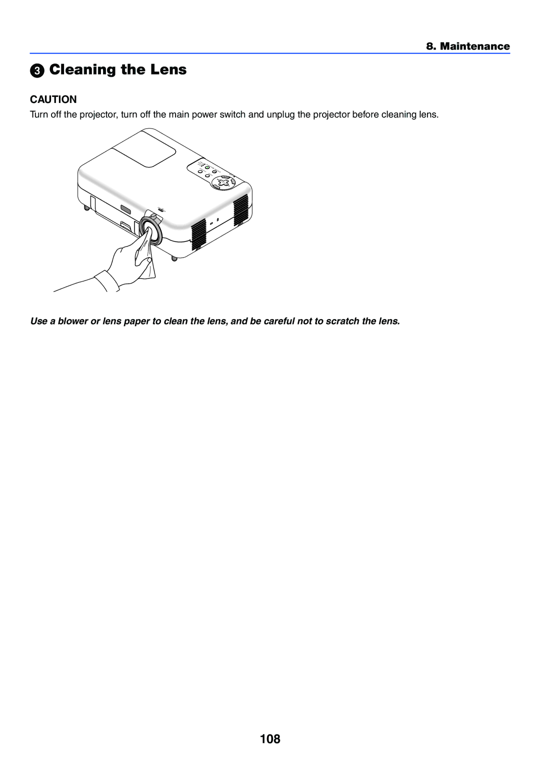 NEC VT770 manual Cleaning the Lens, 108 