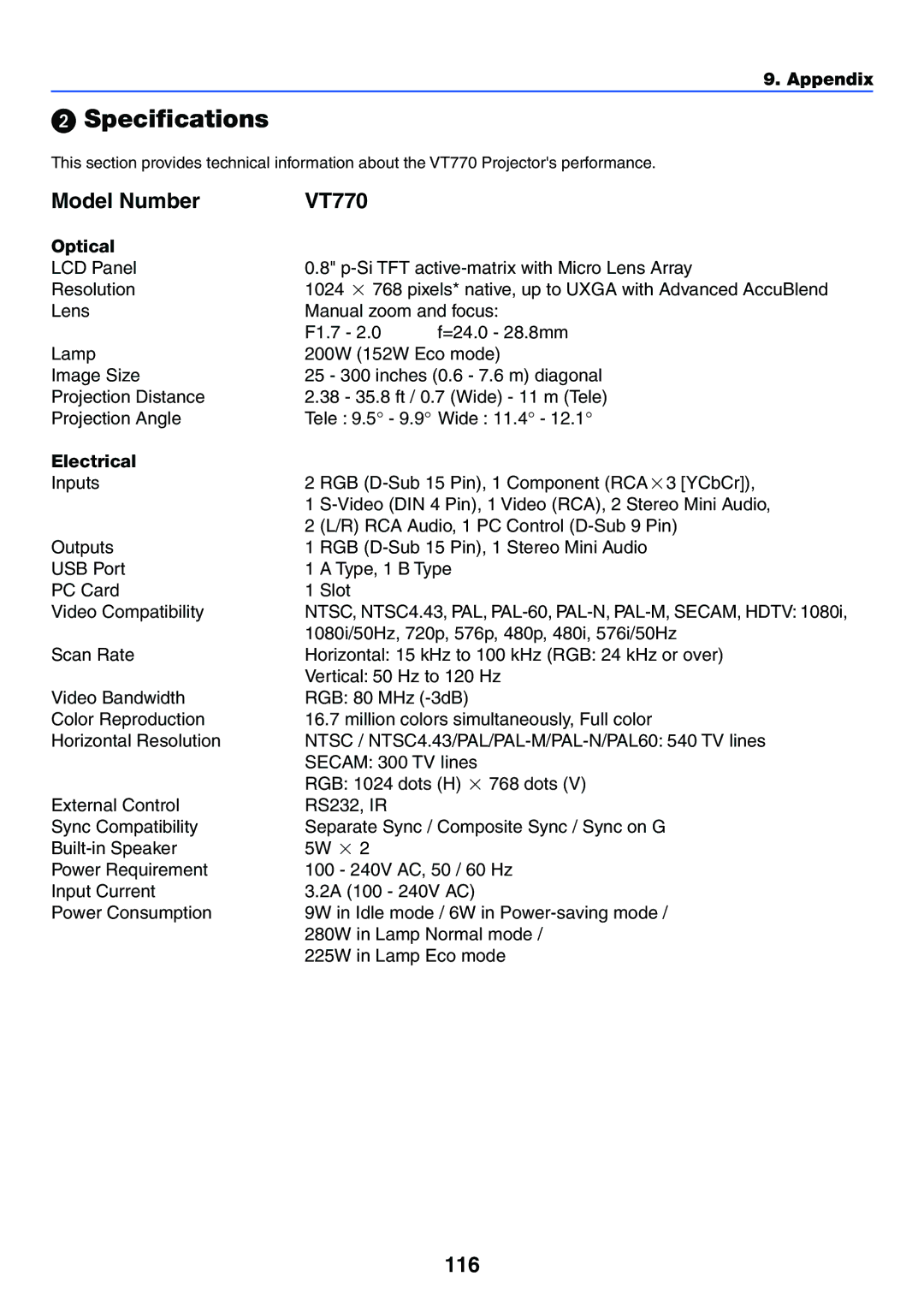 NEC manual Specifications, Model Number VT770, 116, Optical, Electrical 