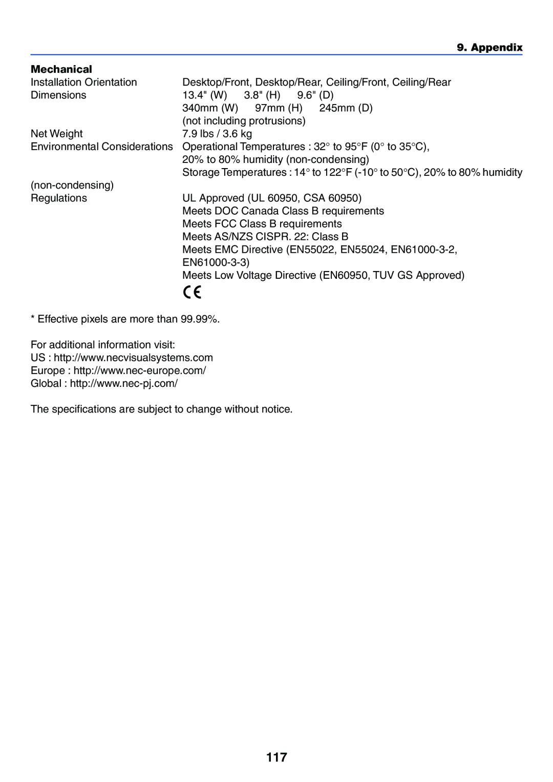 NEC VT770 manual 117, Appendix Mechanical 