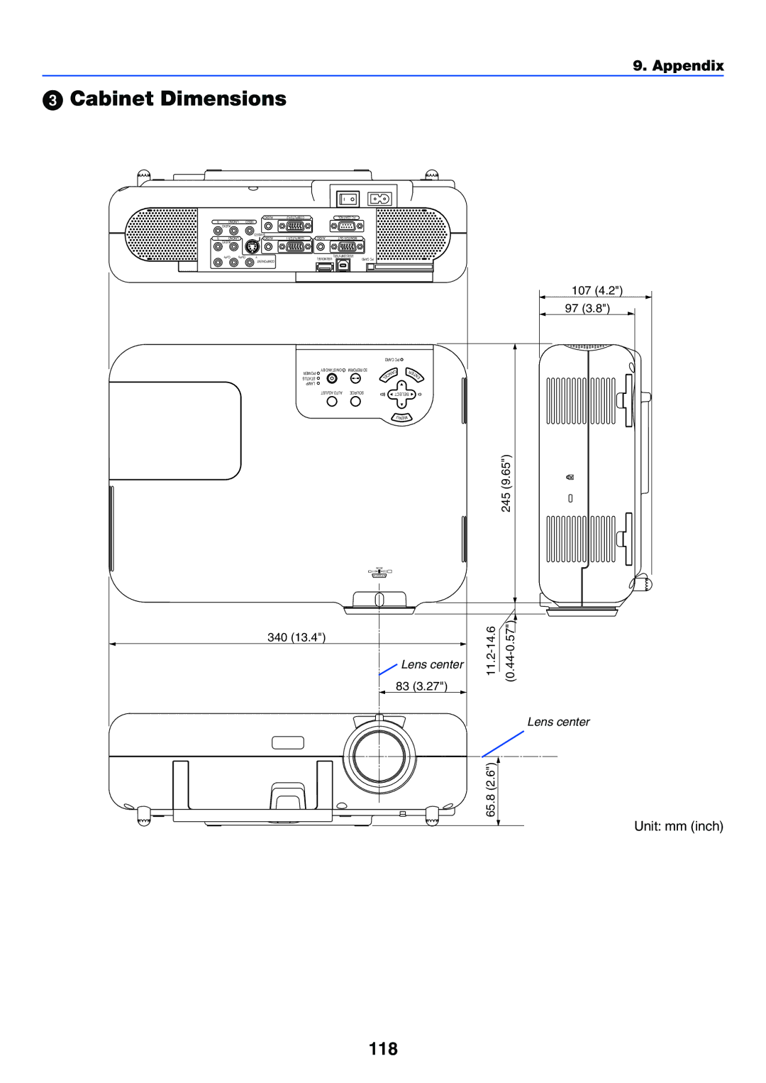 NEC VT770 manual Cabinet Dimensions, 118, Unit mm inch 