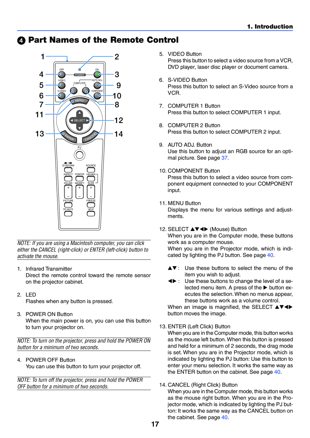 NEC VT770 manual Part Names of the Remote Control, Video Button, DVD player, laser disc player or document camera 