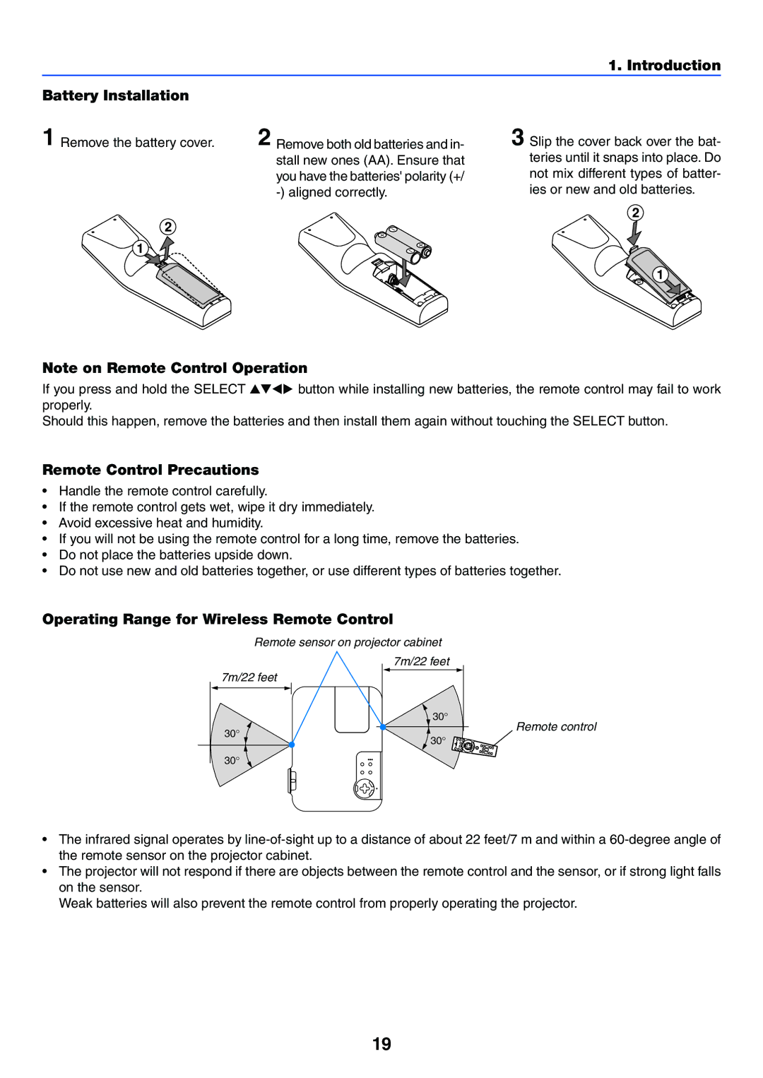 NEC VT770 manual Introduction Battery Installation, Remote Control Precautions, Operating Range for Wireless Remote Control 