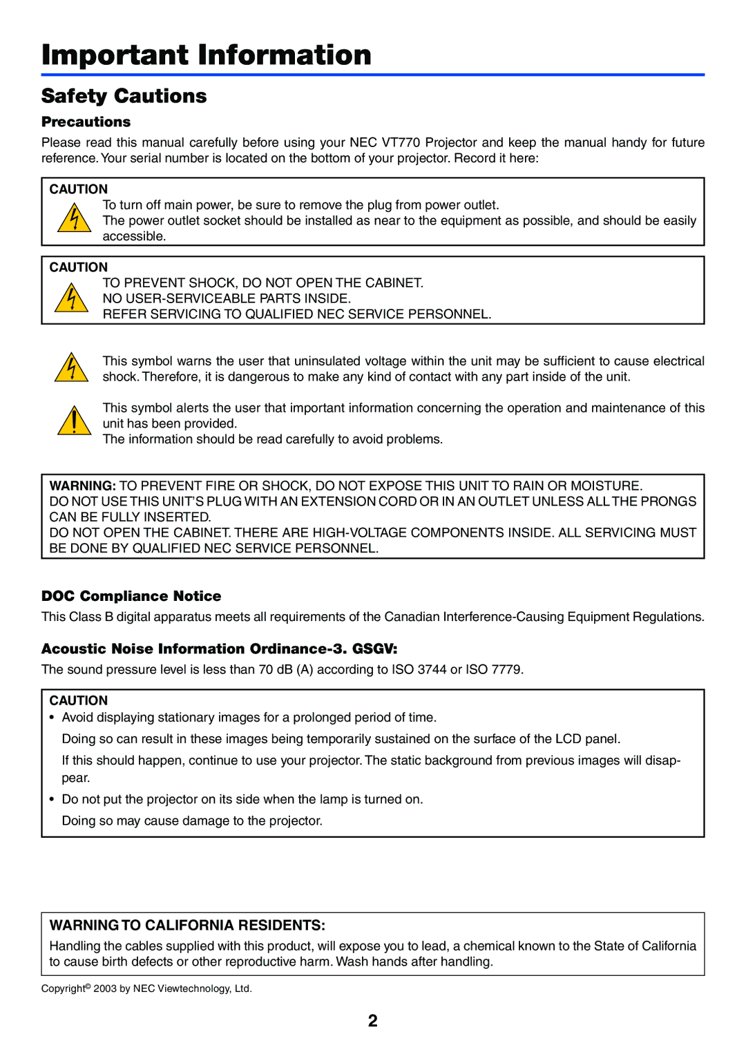 NEC VT770 manual Safety Cautions, Precautions, DOC Compliance Notice, Acoustic Noise Information Ordinance-3. Gsgv 