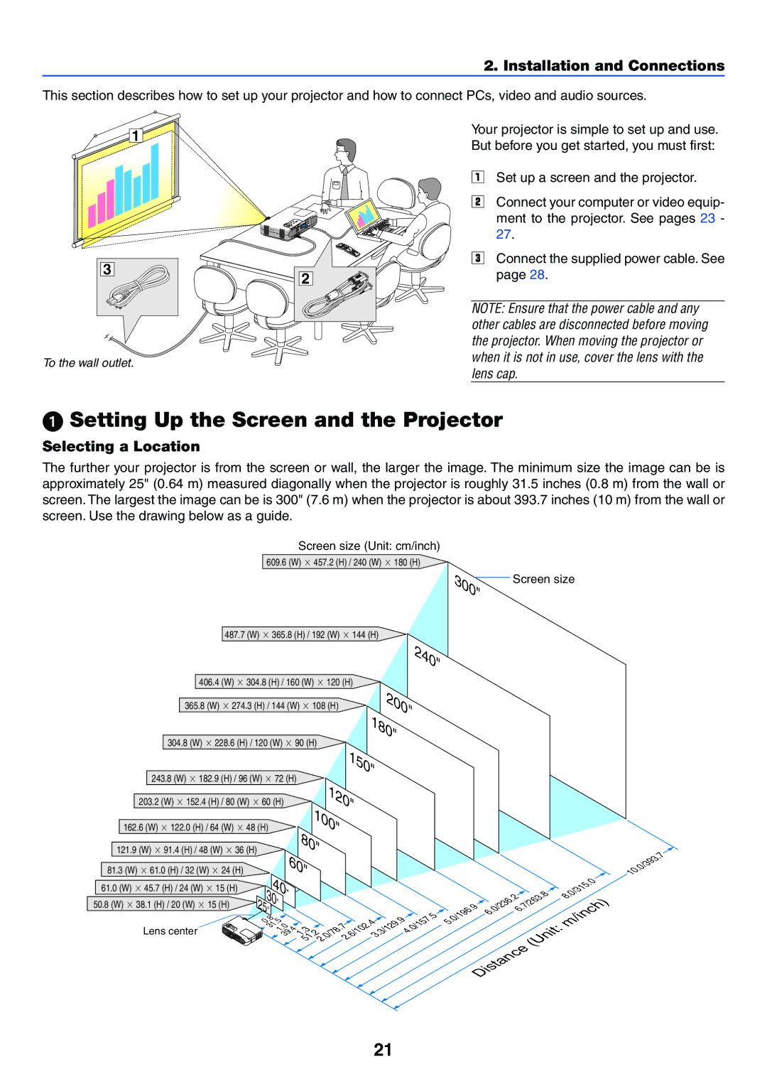 NEC VT770 manual Setting Up the Screen and the Projector, Installation and Connections, Selecting a Location, 150, 120 