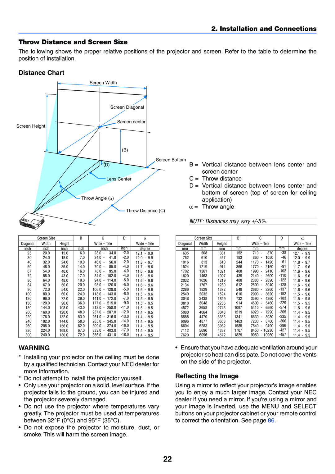 NEC VT770 manual Installation and Connections Throw Distance and Screen Size, Distance Chart, Reflecting the Image 