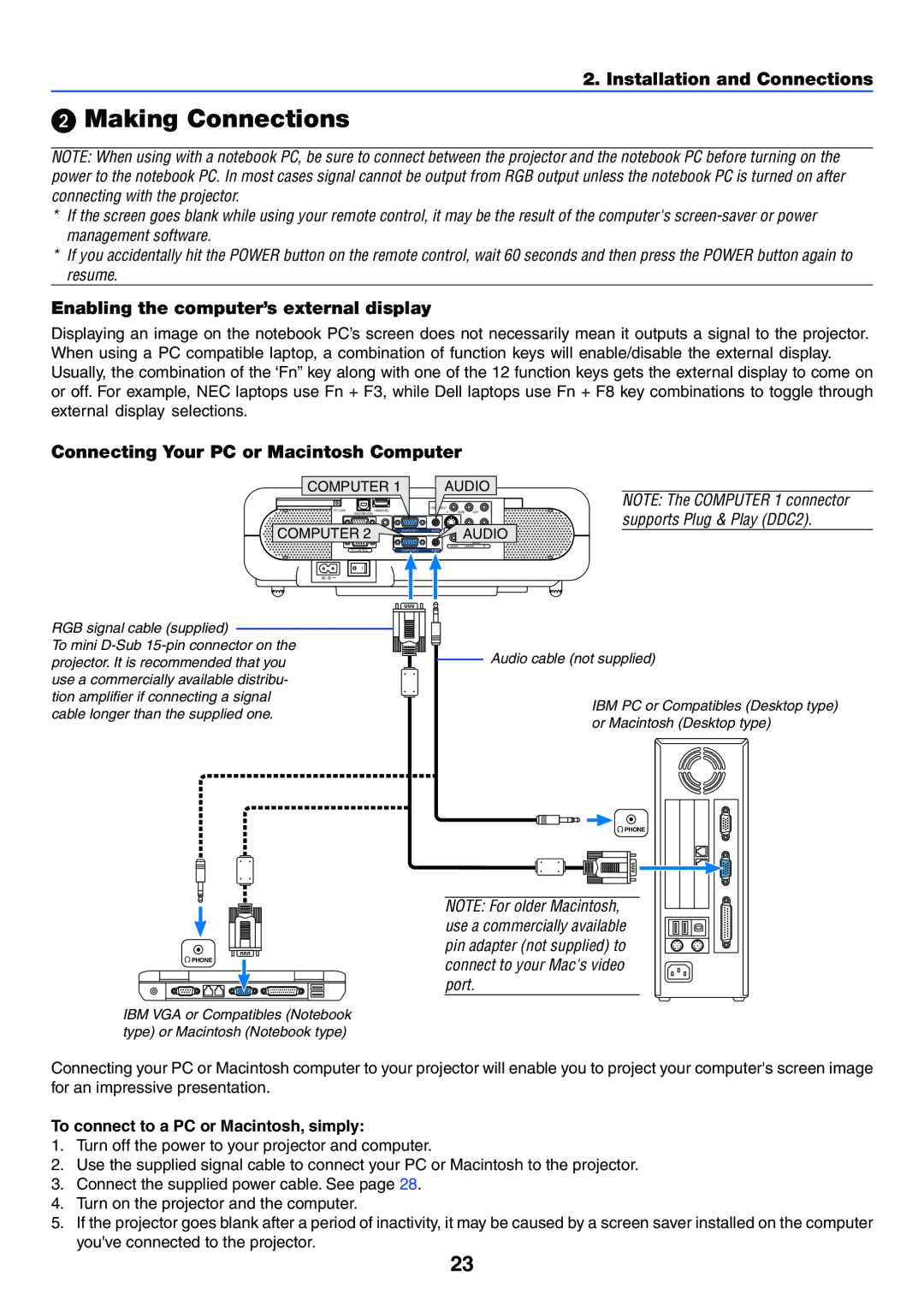 NEC VT770 manual Making Connections, Enabling the computer’s external display, Connecting Your PC or Macintosh Computer 