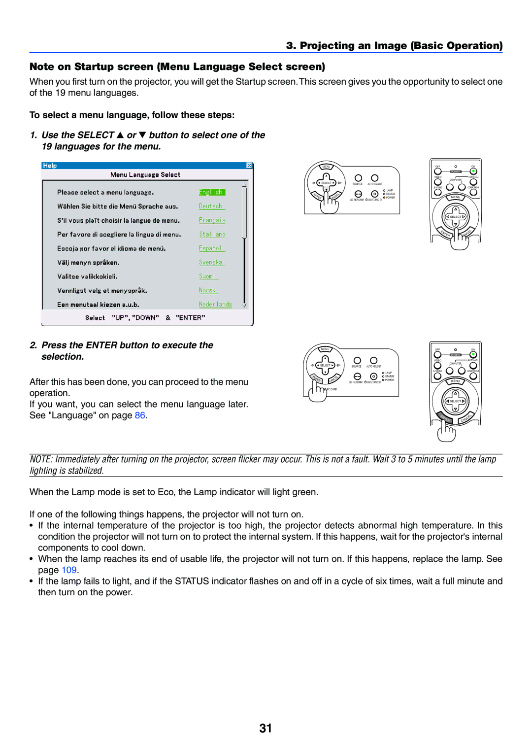 NEC VT770 manual To select a menu language, follow these steps, Press the Enter button to execute the selection 