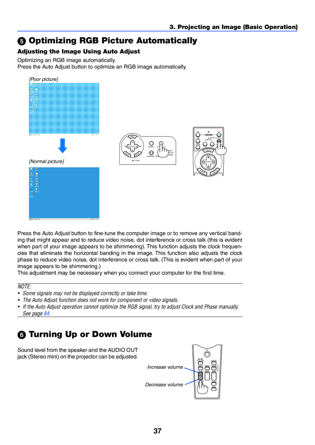 NEC VT770 manual Optimizing RGB Picture Automatically, Turning Up or Down Volume, Adjusting the Image Using Auto Adjust 