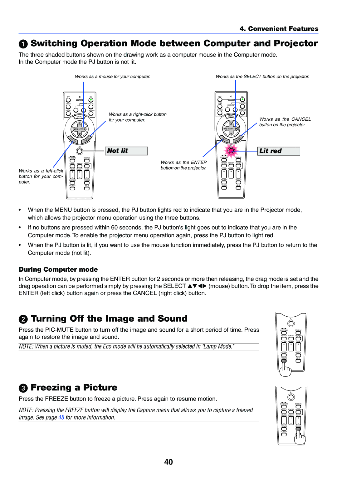 NEC VT770 Switching Operation Mode between Computer and Projector, Turning Off the Image and Sound, Freezing a Picture 