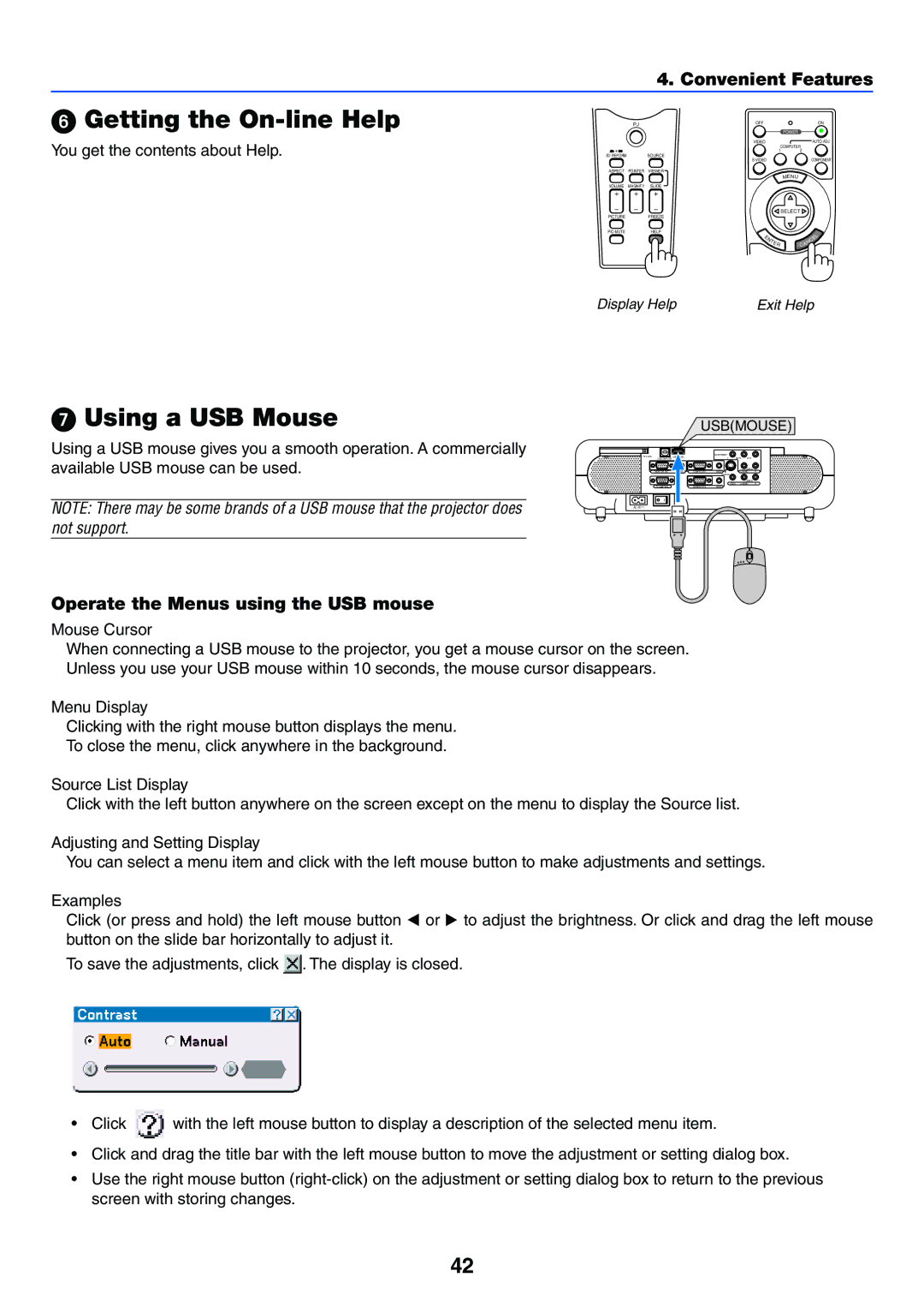 NEC VT770 manual Getting the On-line Help, Using a USB Mouse, Operate the Menus using the USB mouse, Mouse Cursor 