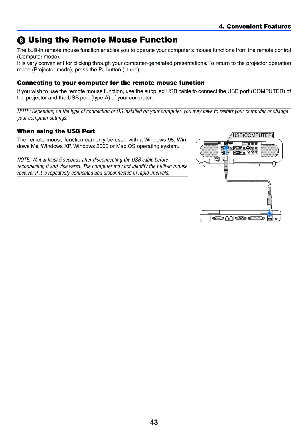 NEC VT770 manual Using the Remote Mouse Function, Connecting to your computer for the remote mouse function 