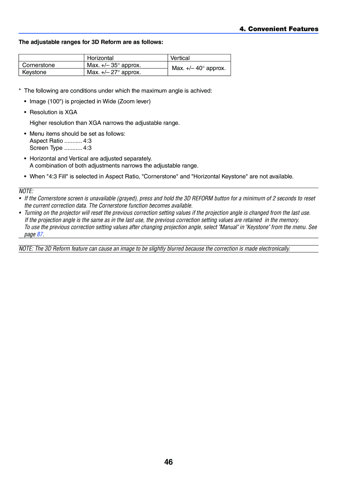 NEC VT770 manual Adjustable ranges for 3D Reform are as follows 