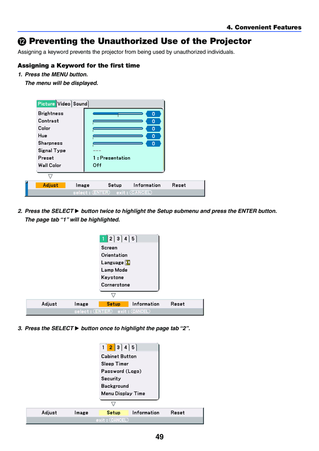 NEC VT770 manual Preventing the Unauthorized Use of the Projector, Assigning a Keyword for the first time 