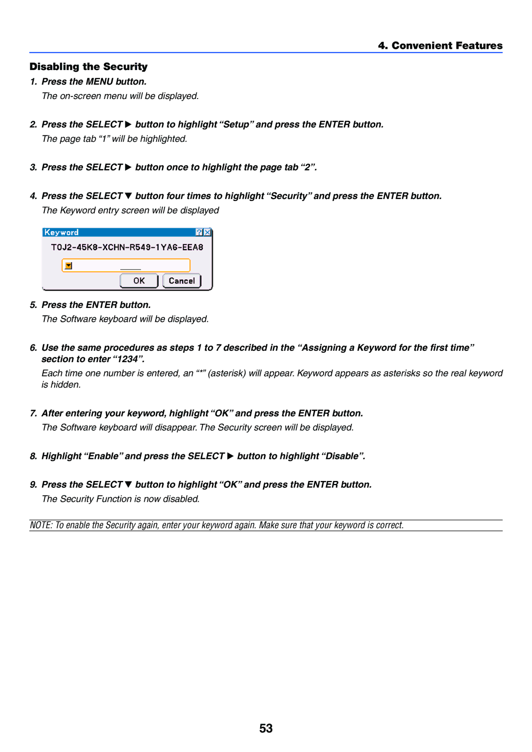 NEC VT770 manual Convenient Features Disabling the Security 