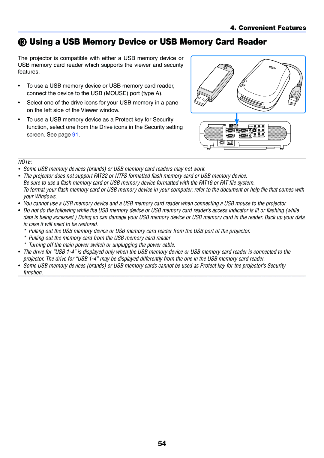 NEC VT770 manual Using a USB Memory Device or USB Memory Card Reader, Convenient Features 