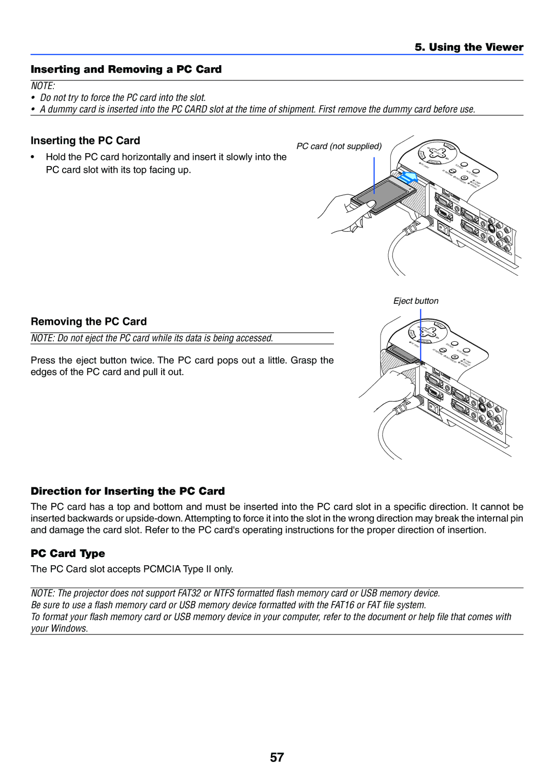 NEC VT770 Using the Viewer Inserting and Removing a PC Card, Inserting the PC Card, Removing the PC Card, PC Card Type 