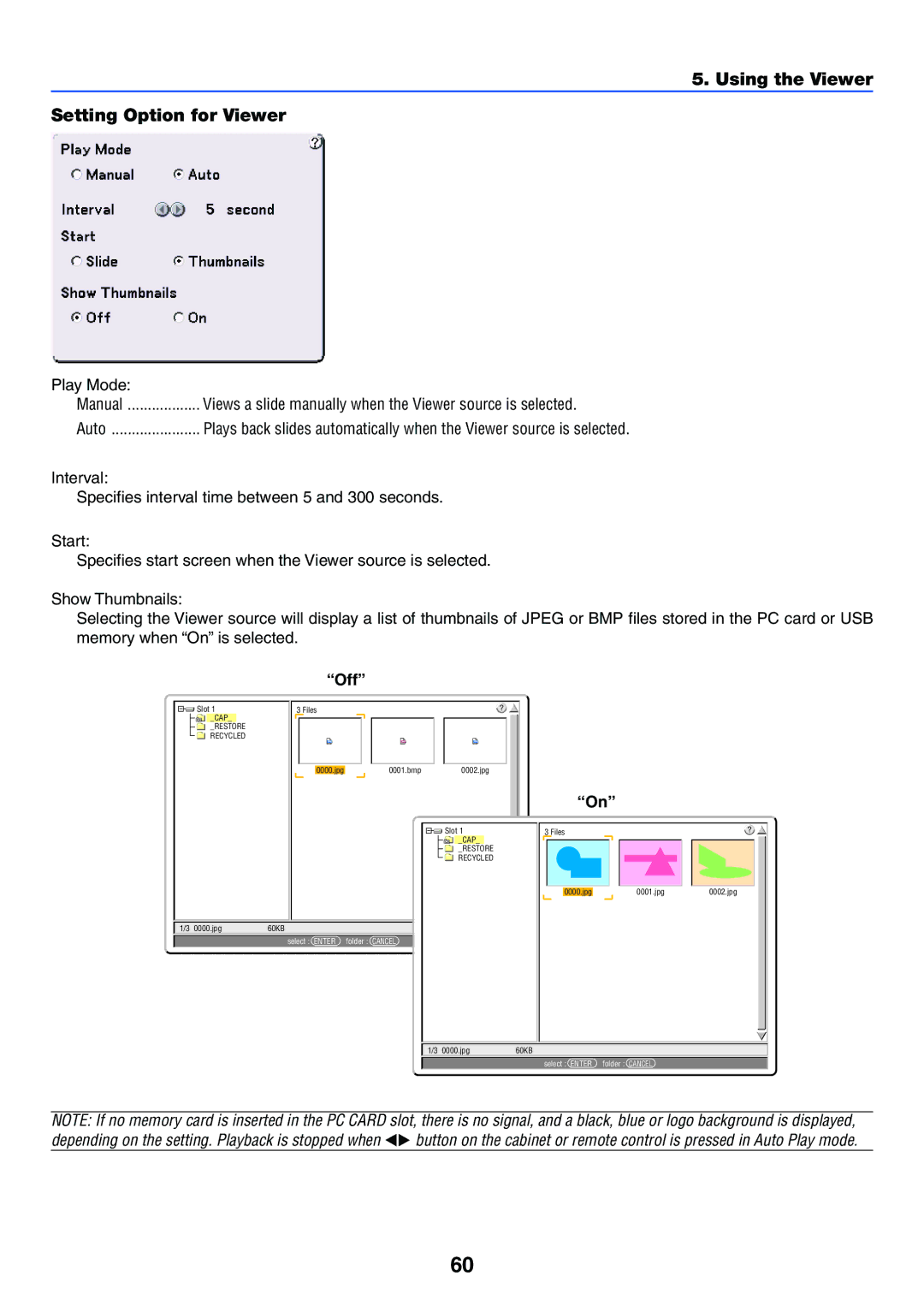 NEC VT770 manual Using the Viewer Setting Option for Viewer, Play Mode, Auto, Off 