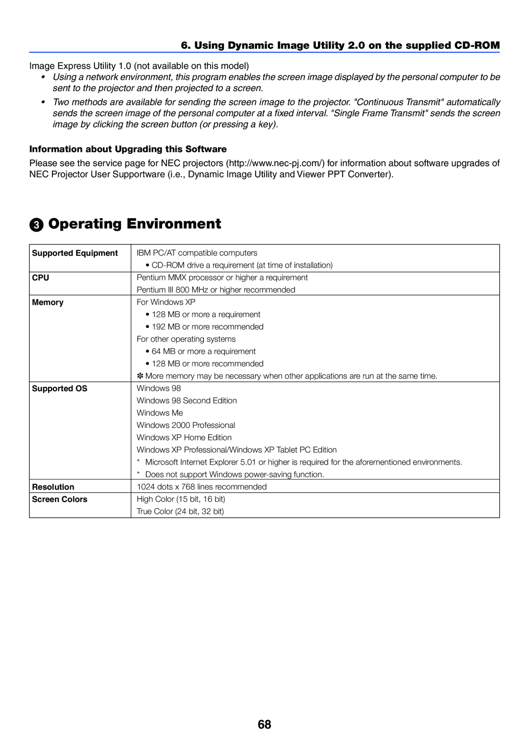 NEC VT770 manual Operating Environment, Image Express Utility 1.0 not available on this model 