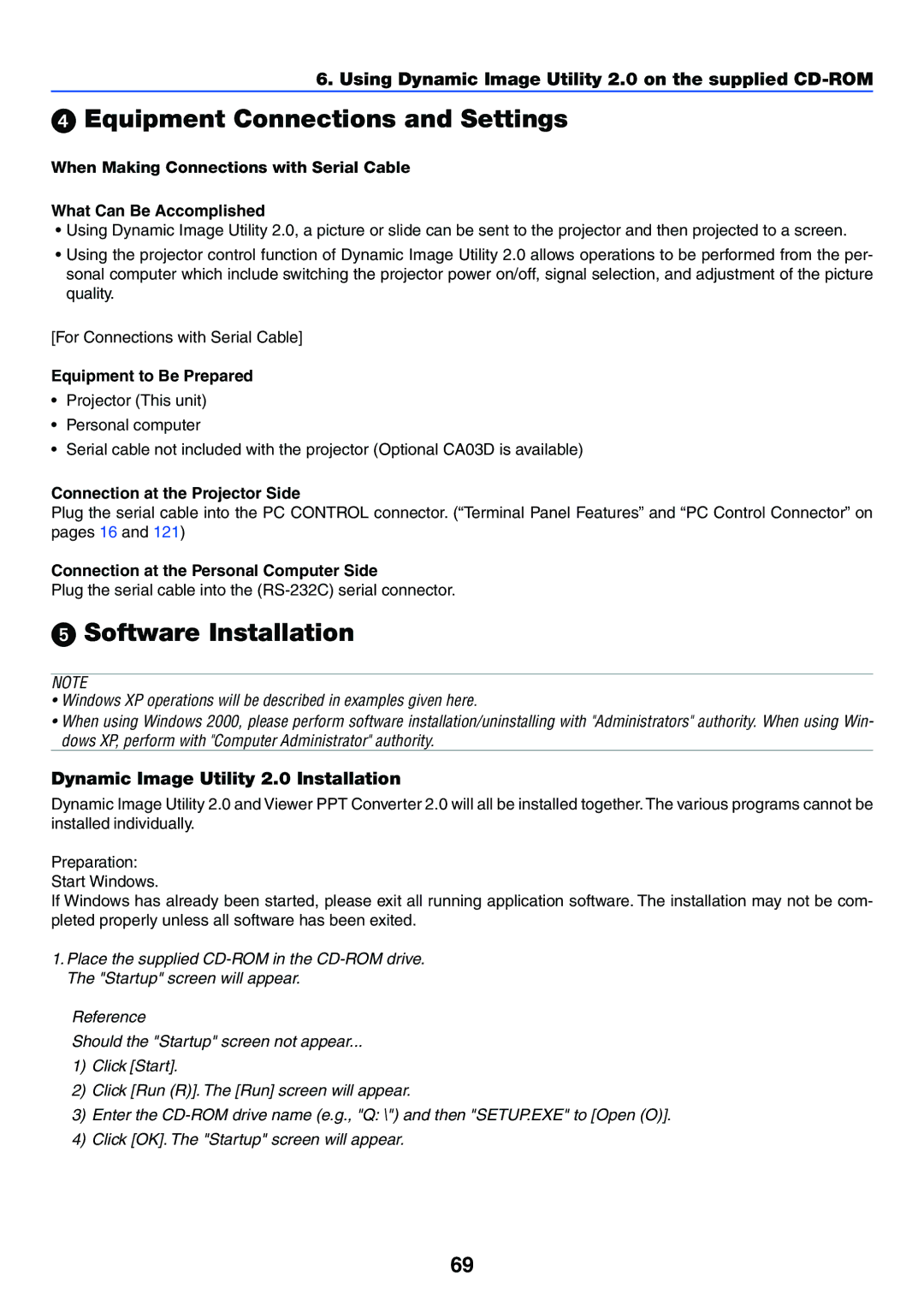 NEC VT770 manual Equipment Connections and Settings, Software Installation, Dynamic Image Utility 2.0 Installation 