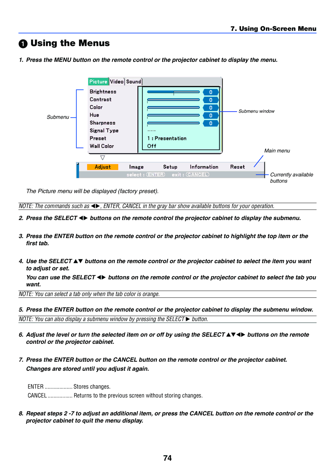 NEC VT770 manual Using the Menus, Using On-Screen Menu, Stores changes 