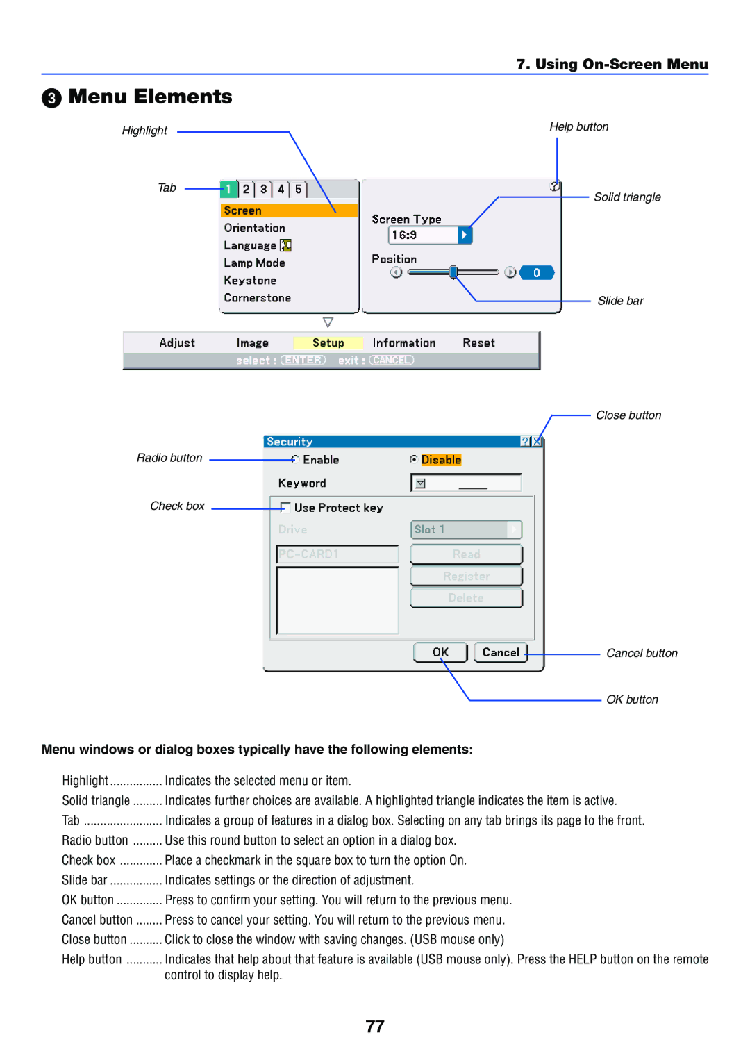 NEC VT770 manual Menu Elements 