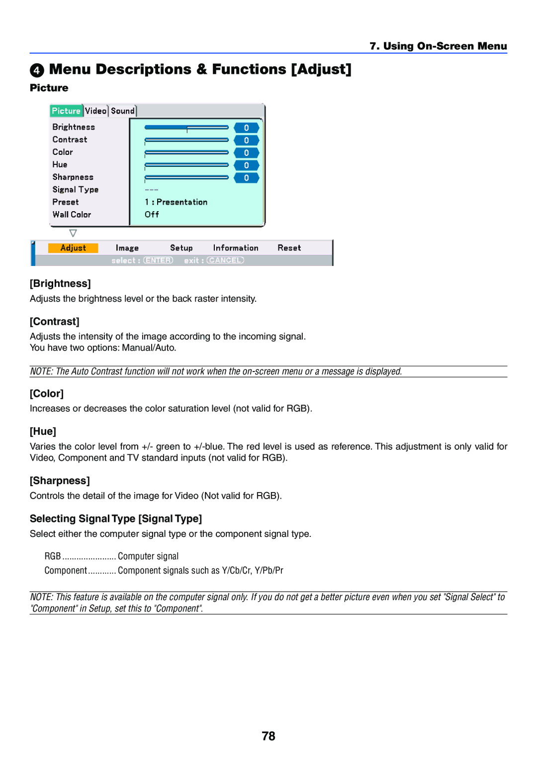 NEC VT770 manual Menu Descriptions & Functions Adjust 