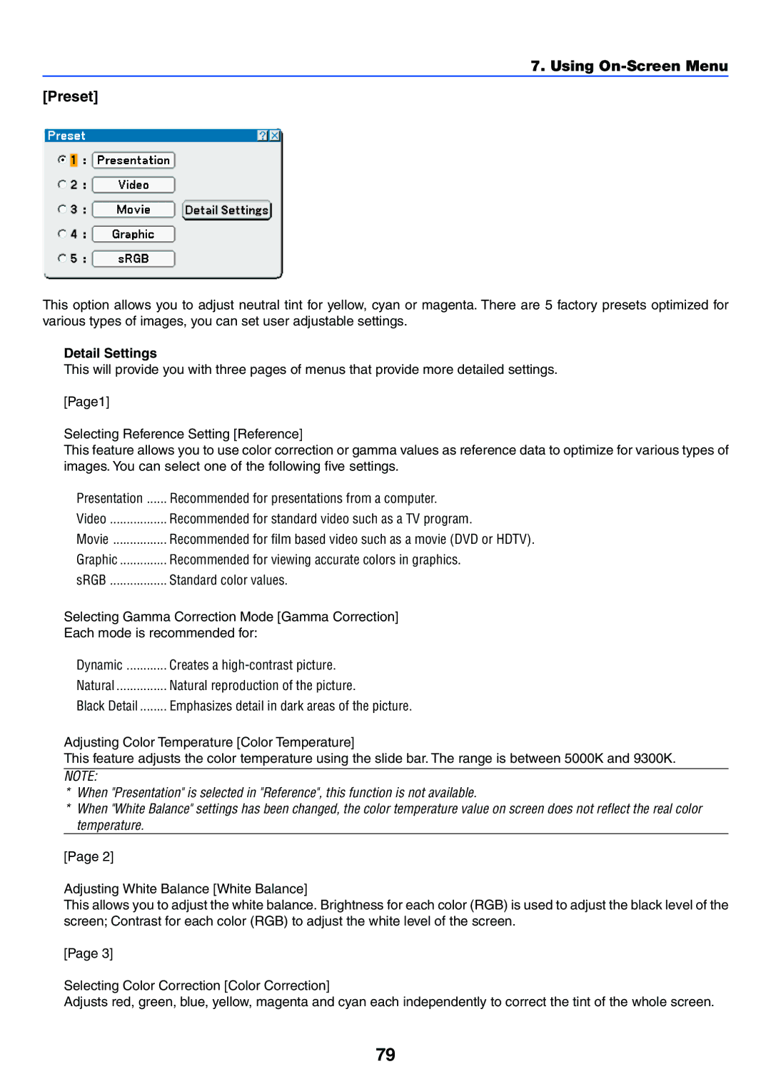 NEC VT770 manual Using On-Screen Menu Preset, Detail Settings 