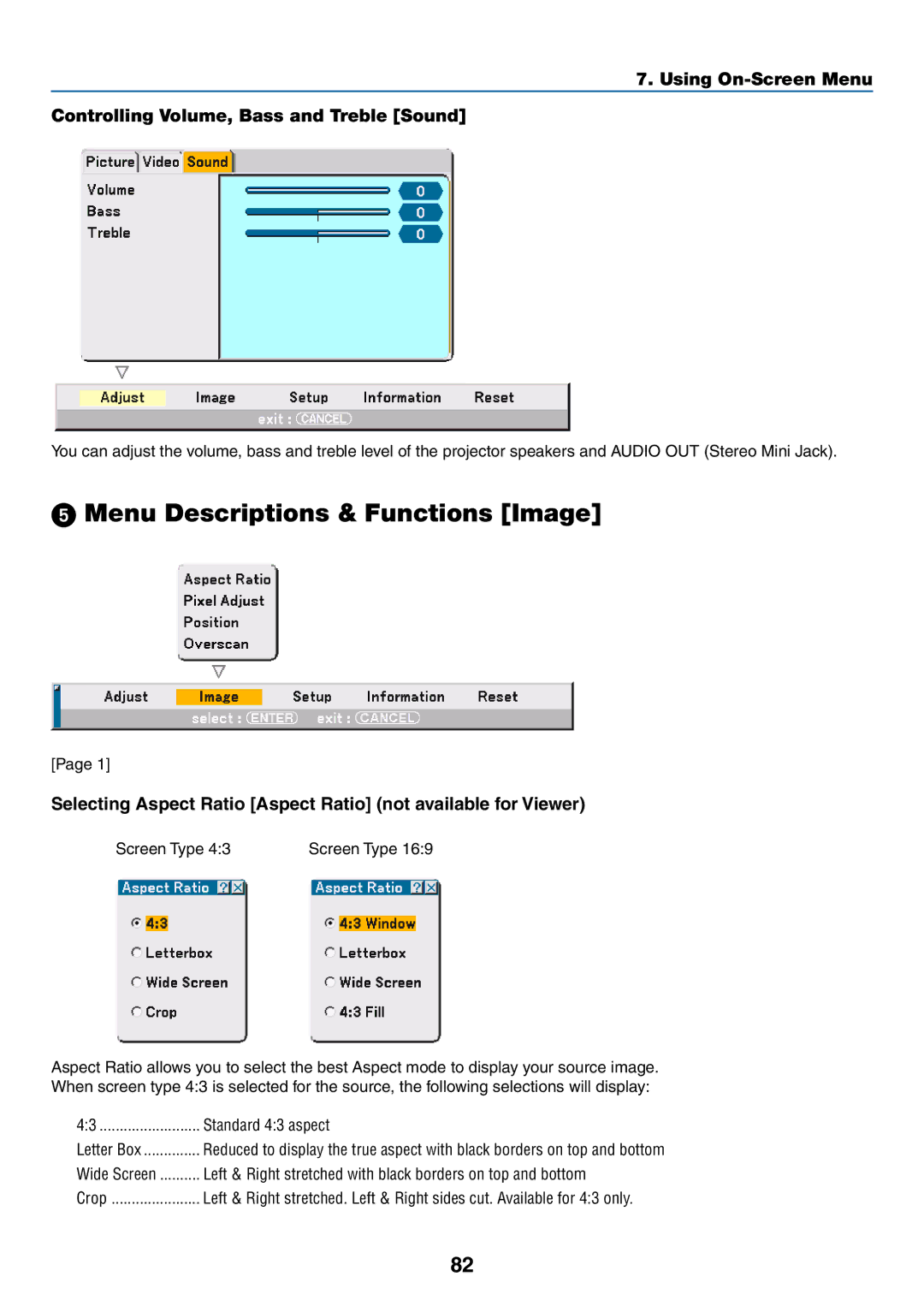 NEC VT770 manual Menu Descriptions & Functions Image, Left & Right stretched with black borders on top and bottom 