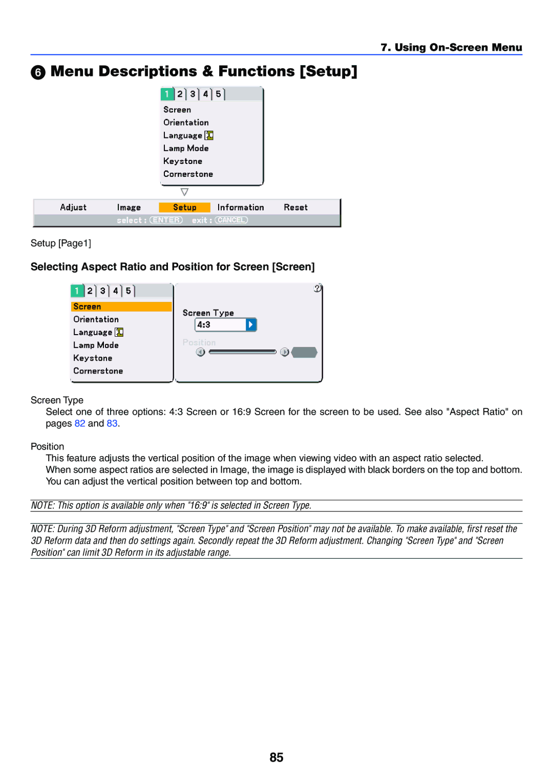 NEC VT770 manual Menu Descriptions & Functions Setup, Selecting Aspect Ratio and Position for Screen Screen, Setup Page1 