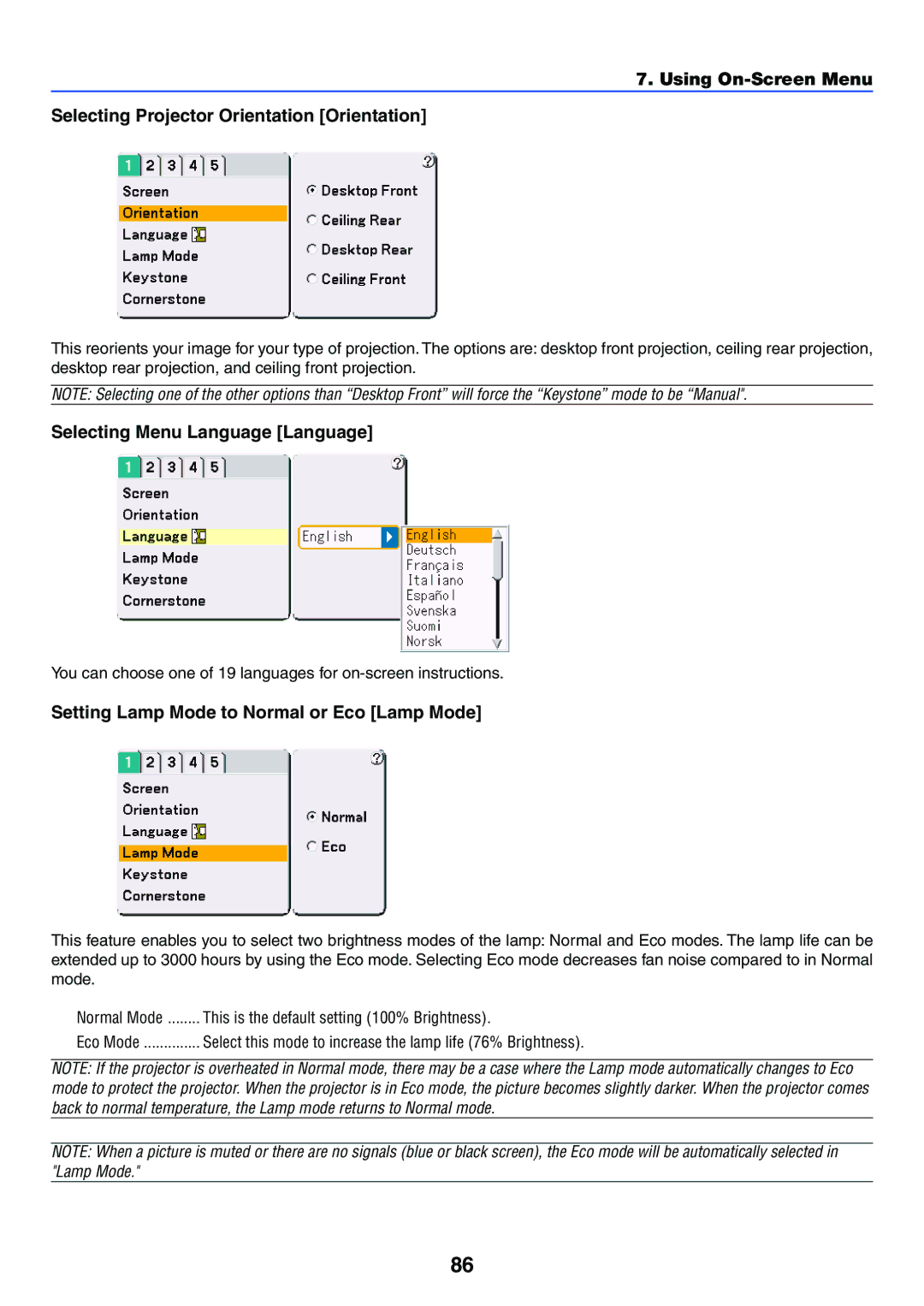 NEC VT770 manual Selecting Menu Language Language, Setting Lamp Mode to Normal or Eco Lamp Mode 