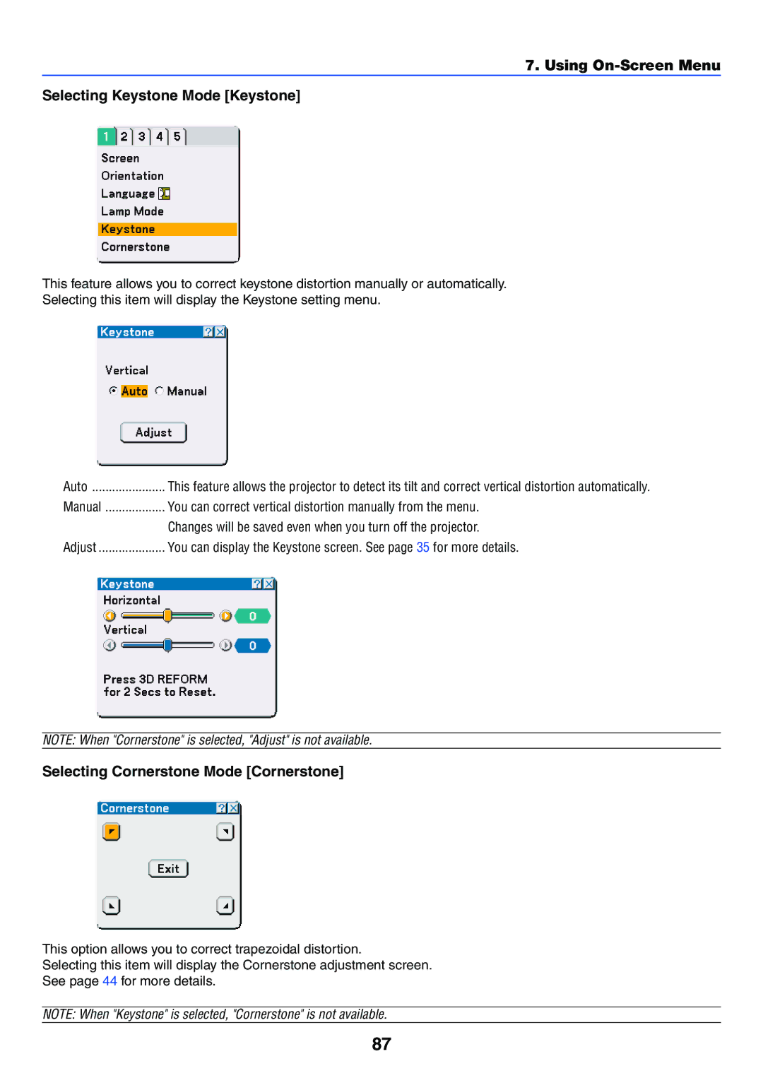 NEC VT770 manual Using On-Screen Menu Selecting Keystone Mode Keystone, Selecting Cornerstone Mode Cornerstone 