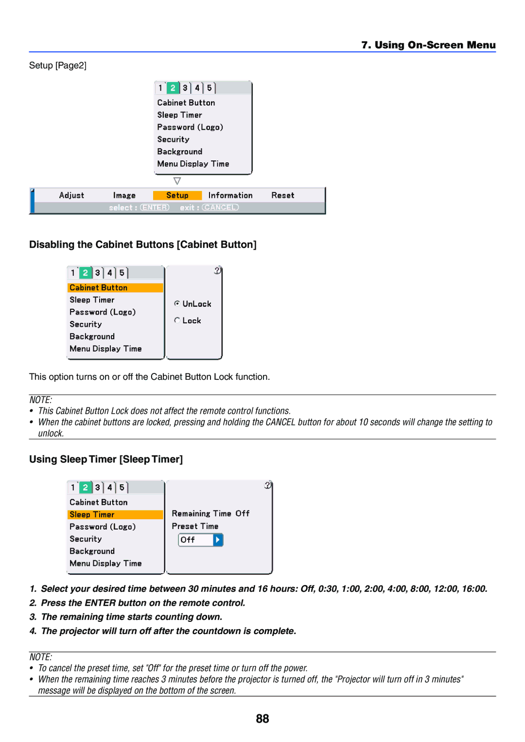 NEC VT770 manual Disabling the Cabinet Buttons Cabinet Button, Using Sleep Timer Sleep Timer, Setup Page2 