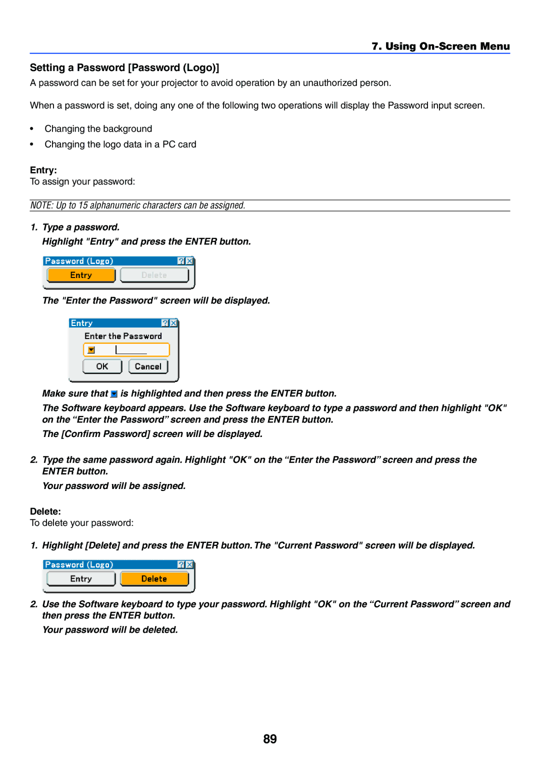 NEC VT770 manual Using On-Screen Menu Setting a Password Password Logo, Entry, To assign your password, Delete 