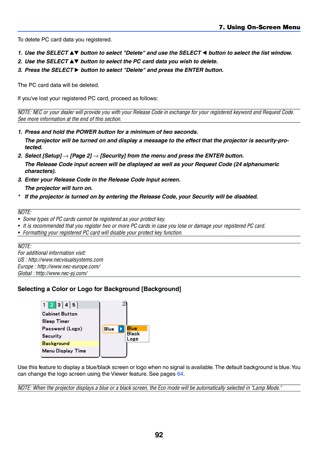 NEC VT770 manual Selecting a Color or Logo for Background Background, To delete PC card data you registered 