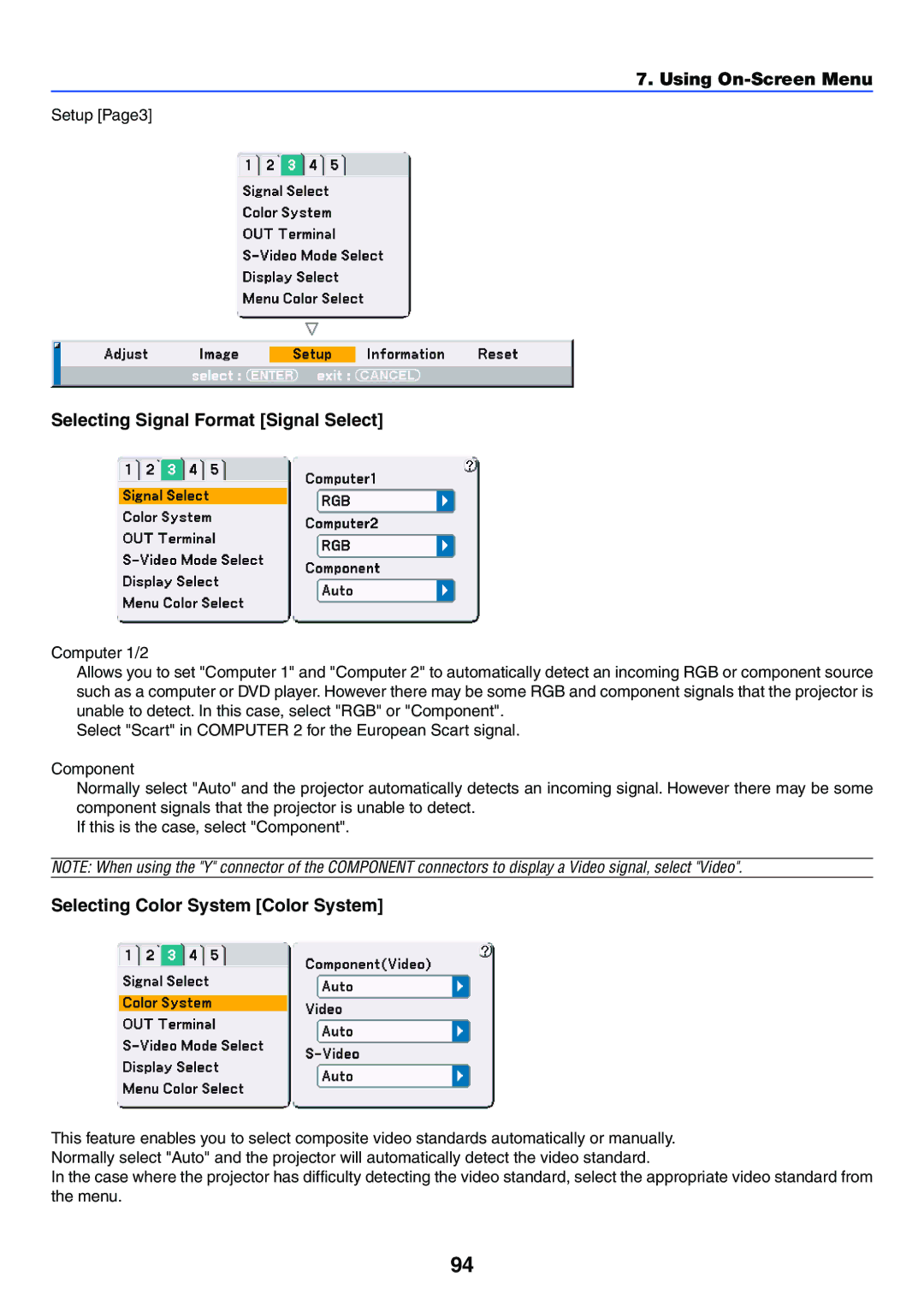 NEC VT770 manual Selecting Signal Format Signal Select, Selecting Color System Color System, Setup Page3 