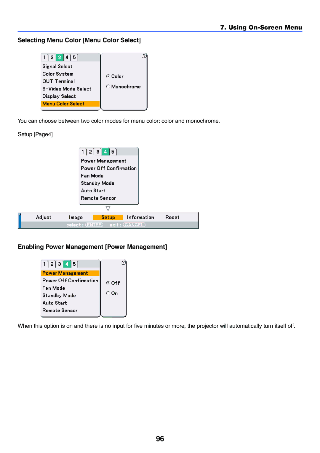 NEC VT770 manual Using On-Screen Menu Selecting Menu Color Menu Color Select, Enabling Power Management Power Management 