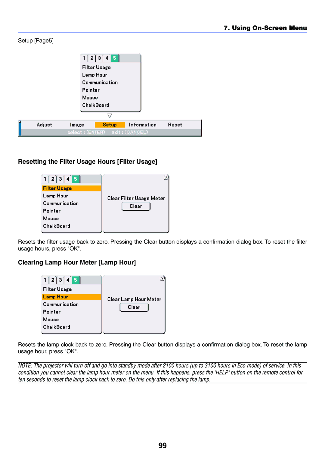 NEC VT770 manual Resetting the Filter Usage Hours Filter Usage, Clearing Lamp Hour Meter Lamp Hour, Setup Page5 